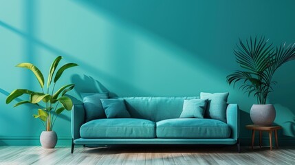 A stylish living room decorated in shades of cyan, with minimalist furniture and decor creating a sleek and contemporary look. The image provides ample copy space for adding text or graphics.