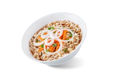 Wall Mural - Ramen noodles with carrots and onion slices in a bowl. on a white isolated background