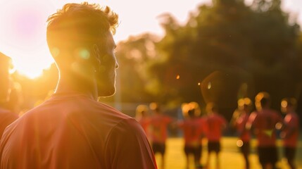 Wall Mural - Football coach explains game strategy, tactics, and workout plan to players in professional soccer team training. Coach Encourages Players, Brings Them to Win