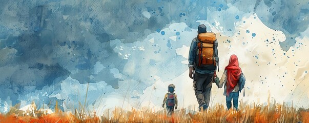 Hopeful family of migrants walking into an empty landscape, watercolor illustration art concept