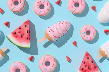 Wall Mural - A minimalistic summer food pattern featuring different summer foods on a bright light blue background.