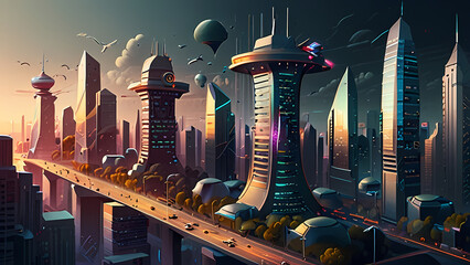 isometric cityscape with futuristic skyscrapers