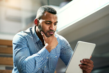 Poster - Black man, thinking or tablet in office with hand for career, social media management for company. Professional, creative or male person with ebook for planning with email marketing, thought for post