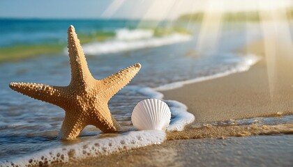 Wall Mural - a starfish and seashell in the ocean shoreline a starfish at the beach surrounded by sea water a starfish at the seashore world ocean day concept holiday concept ai generated