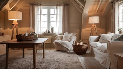 Scandinavian living room design with wooden table, floor lamp, wicker basket and white sofa on beige background