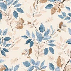Wall Mural - In soft blue and beige, this seamless pattern features elegant flowers and leaves