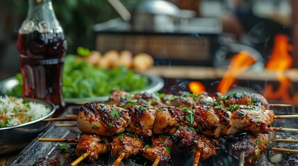 Grilled spatchcock chicken with seekh kebabs and cola in front of night festival in a restaurant very detailed and realistic shape