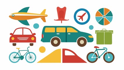 Wall Mural - collection of car symbols, airplane logos, and bicycle icons in various shapes and colors, isolated on white background, representing comprehensive transportation system.