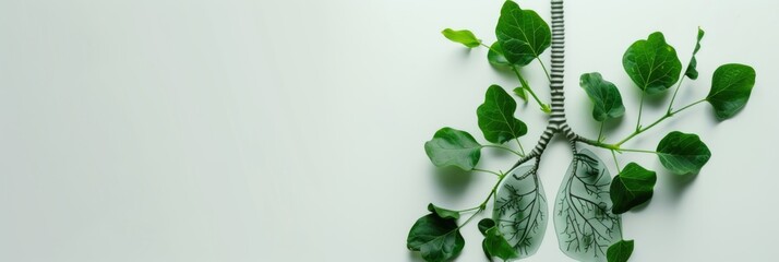 Horizontal banner. World Lung Cancer Day. Human lungs made with fresh green plant leaves on white background. World tuberculosis day, pneumonia, respiratory diseases concept. Free space for text