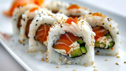 Wall Mural - Savory sushi roll with tender smoked salmon, creamy cheese, crispy salad, and ripe avocado, all wrapped in sesame seeds for a touch of extra crunch.