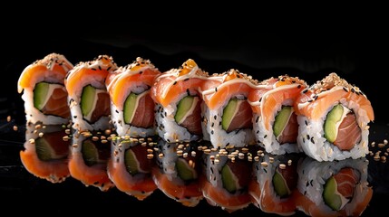 Wall Mural - Savory sushi roll with tender smoked salmon, creamy cheese, crispy salad, and ripe avocado, all wrapped in sesame seeds for a touch of extra crunch.