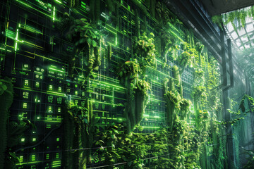 Poster - A green wall with a lot of plants and green lights