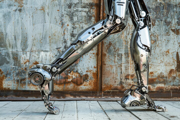 Poster - A robot with metal legs is walking on a wooden floor