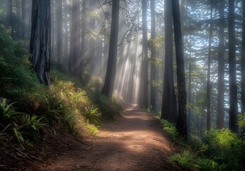 Wall Mural - Forest Trail Sunbeams Through Fog Redwood