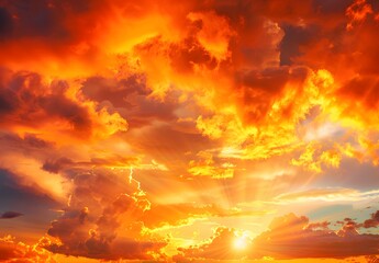 Wall Mural - Dramatic Orange Sunset Sky with Fluffy Clouds