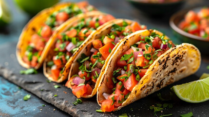 Fresh vegetable tacos with tomatoes, onions, and cilantro on a black slate