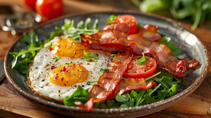 Start your day with a keto-friendly breakfast: 2 eggs with grilled tomatoes, fresh salad greens, and crispy bacon.