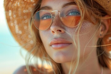 Wall Mural - A woman with blonde hair and glasses is wearing a straw hat. She has a bright smile on her face