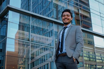 Canvas Print - Portrait of a happy latin american businessman in front of a big office building