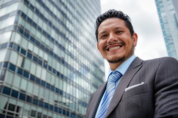 Canvas Print - Portrait of a happy latin american businessman in front of a big office building