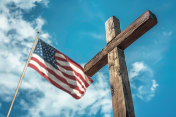 Wall Mural - A wooden cross is in front of a flag with the word USA on it