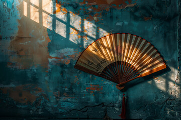 Wall Mural - A fan is hanging on a wall with a blue background