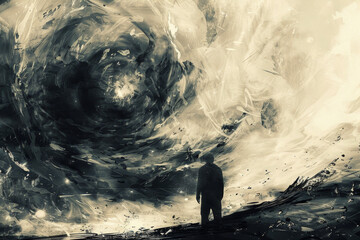 Wall Mural - A man stands in front of a large, swirling cloud