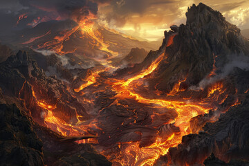Wall Mural - A lava flow is depicted in a fiery landscape