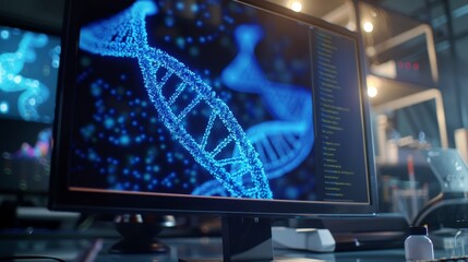 Wall Mural - A close-up shot of a computer monitor displaying a digital representation of a blue DNA double helix structure