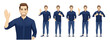© Volha Hlinskaya - Set of young handsome man wearing blue shirt and jeans in different poses. Various gestures - greeting, showing ok sign, thumbs up, standing isolated vector illustration