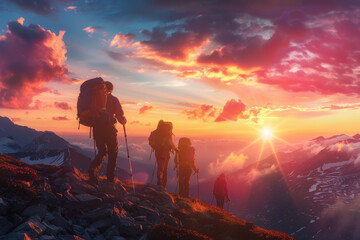 Wall Mural - Three people are hiking up a mountain, with the sun setting in the background