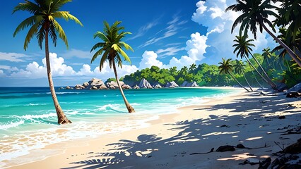 Canvas Print - Tropical Beach with Palm Trees and White Sand, Idyllic Summer Vacation Destination