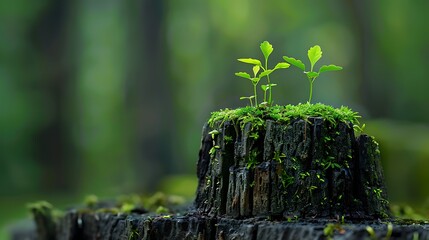 Poster - In a polish greenery young seeds rise from a historic stump very detailed and realistic shape