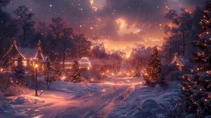 An illustration of a Christmas tree and light-adorned winter street at night