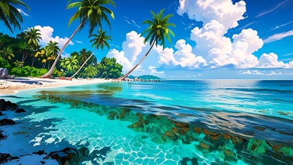 Canvas Print - Tropical beach paradise with palm trees, white sand and crystal clear turquoise water. Perfect vacation destination for summer holiday.