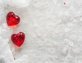 Sticker - Red Hearts on White Lace Background