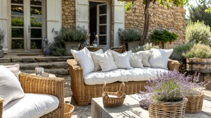 In the countryside, an outdoor lounge area with white cushioned wicker furniture sits against a rustic stone walled house with open shutters, surrounded by lush vegetation.