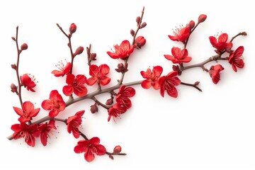 A red flower branch with red flowers on it. The branch is long and thin. The flowers are red and are arranged in a way that they look like they are growing out of the branch. The image has a serene
