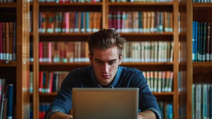 Wall Mural - A young man sits at a table in a library, intently focused on his laptop screen. Bookshelves line the walls behind him, suggesting a dedication to learning