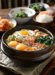 Wall Mural - Steaming Stone Pot with Eggs and Salmon