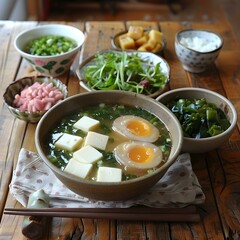 Wall Mural - Japanese Cuisine Miso Soup With Tofu And Soft Boiled Eggs