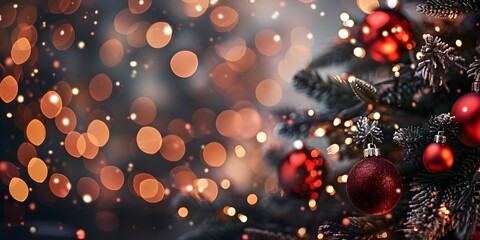 Poster - Festive Christmas Tree with Red Ornaments and Blurred Lights