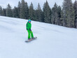© Sergey Novikov - Snowboarder in green gear is riding through snowy forest slope