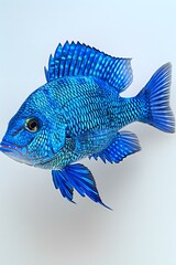 A blue fish with yellow eyes and blue fins