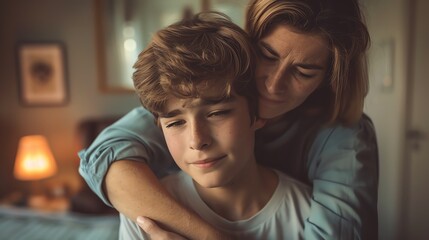 teenage boy with a furrowed brow hugging his mother, tender and heartfelt, selective focus, motherly love theme, dynamic, fusion, softly lit room backdrop