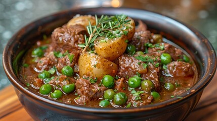 Wall Mural - Hearty beef stew with potatoes and peas in a bowl. Comfort food and home-cooked meal concept