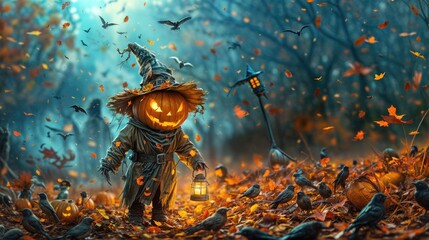 A scarecrow with a pumpkin head and a lantern, surrounded by crows and zombies. The foggy setting heightens the Halloween scare.