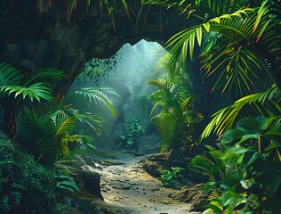 Wall Mural - Mysterious Jungle Path Through Ancient Cave