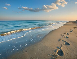 Canvas Print - Footprints Leading to the Ocean at Sunset