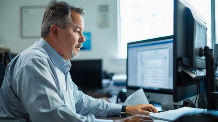 Poster - a close-up shot of a businessman working at his desk in a corporate office setting, focusing on his 